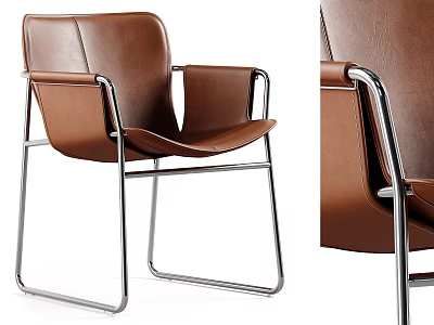 Brown Leather Leisure Chair with Metal Frame Modern Design and Sleek Armrests Contemporary Home Furniture 3d model