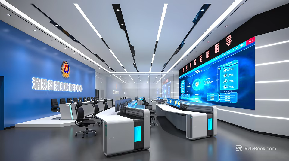 Modern Monitoring Room Interior With Multiple Screens Blue Walls Control Consoles And High Tech Design 3d model 
