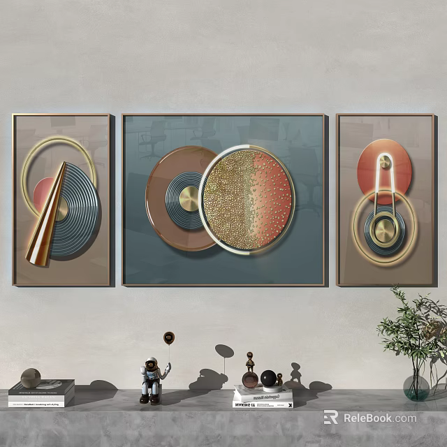 Three Panel Modern Wall Art With Geometric Circular Shapes And Gold Tones 3d model