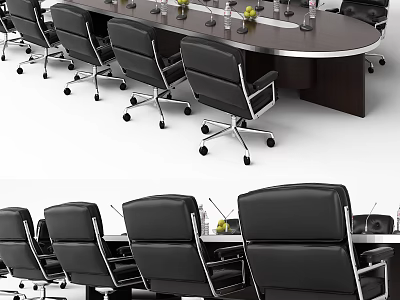 Oval Wooden Conference Table With Black Rolling Chairs And Water Bottles 3d model