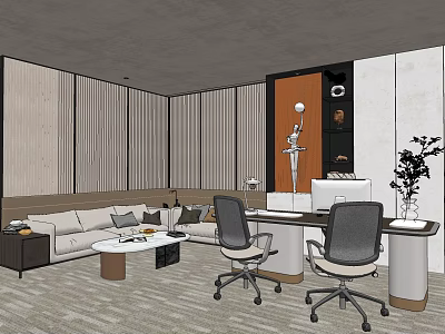 Modern Office Desk Interior With Computer Monitor Office Chairs Sofa Decorative Sculpture And Green Plant 3d model