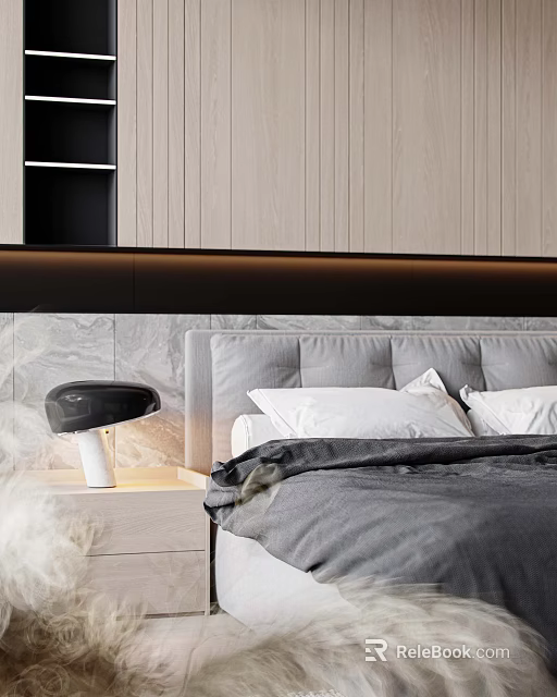 Modern Bedroom Interior With Grey Headboard Wooden Wall White Pillows And Table Lamp 3d model 