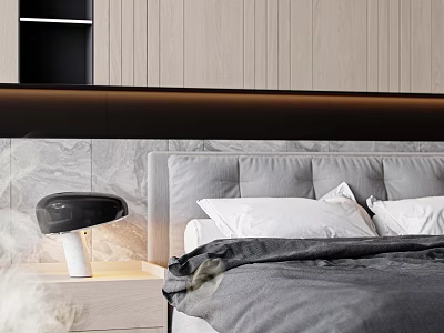 Modern Bedroom Interior With Grey Headboard Wooden Wall White Pillows And Table Lamp 3d model