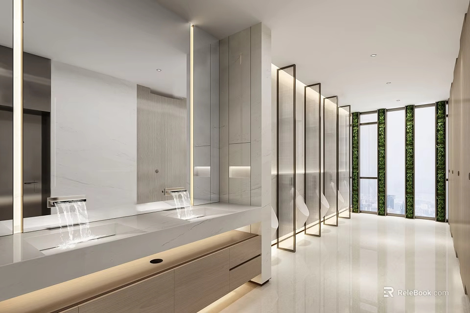 Modern Public Restroom Interior Design With Sinks Mirrors Stalls And Indoor Greenery 3d model 
