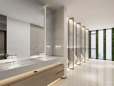 Modern Public Restroom Interior Design With Sinks Mirrors Stalls And Indoor Greenery 3d model