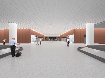 Airport Main Hall Interior With Spacious Design White Pillars And People With Luggage 3d model
