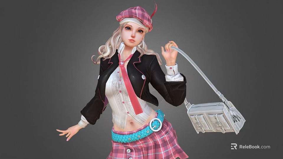 Fashionable Game Character In Plaid Beret Skirt Black Jacket And Tie 3d model 