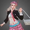 Fashionable Game Character In Plaid Beret Skirt Black Jacket And Tie