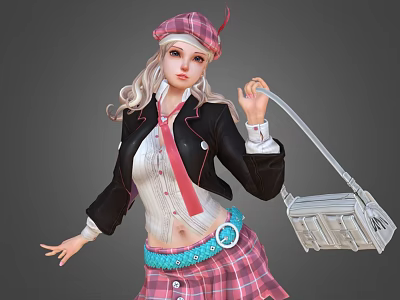 Fashionable Game Character In Plaid Beret Skirt Black Jacket And Tie 3d model