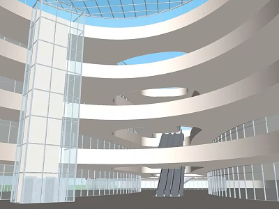 Modern Architectural Interior With Circular Floors Glass Curtain Walls And Glass Roof 3d model