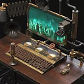Retro Industrial Office Desk With Leather Chair Monitor Lamp Horn And Keyboard