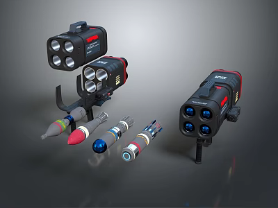 Military Weapons Including Tactical Launchers With Black Red Design And Colorful Missile Projectiles 3d model