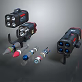 Military Weapons Including Tactical Launchers With Black Red Design And Colorful Missile Projectiles 3d model