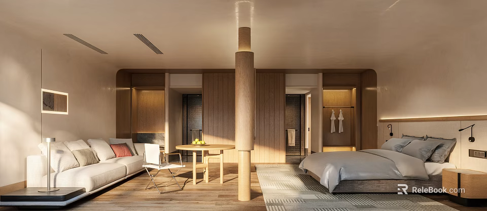 Modern Hotel Guest Room Interior With Wooden Walls Pillar Bed Sofa And Rug 3d model 