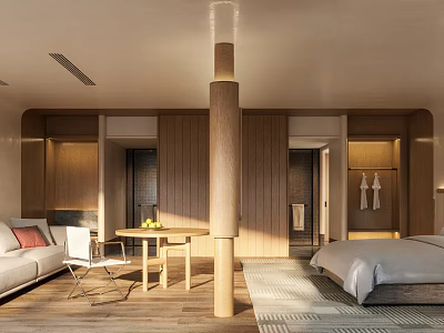 Modern Hotel Guest Room Interior With Wooden Walls Pillar Bed Sofa And Rug 3d model