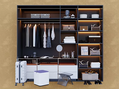 Modern Multifunctional Wardrobe With Hanging Clothes Folded Towels Storage Shelves Bags Shoes And Decorations 3d model