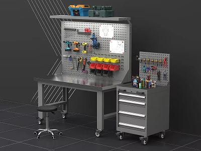 Functional Workbench With Metal Tabletop Tool Pegboard Drawer Cabinet And Wheeled Stool 3d model