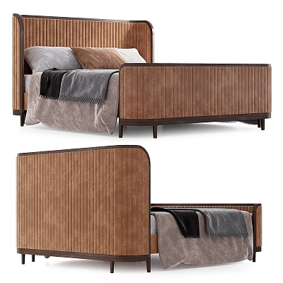 Modern Wooden Double Bed With Textured Headboard And Cozy Bedding 3d model
