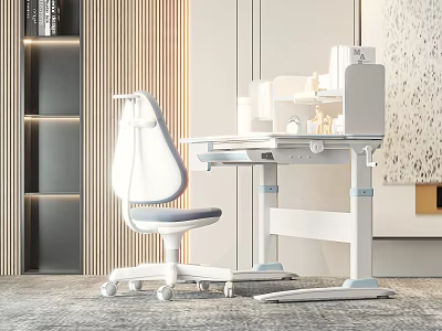 Modern Study Room Interior With Ergonomic Chair White Desk And Illuminated Shelves 3d model