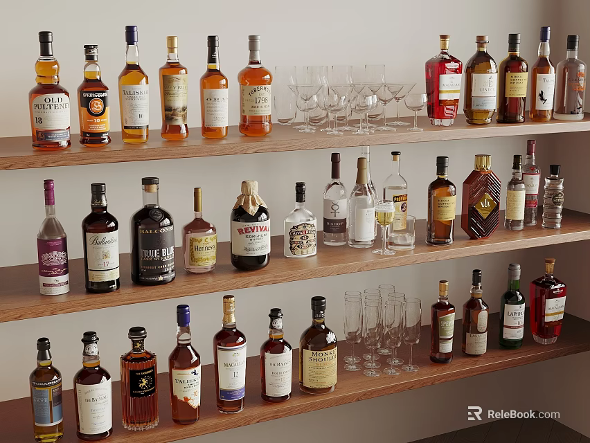 Organized Display Of Various Wine Bottles And Glasses On Wooden Shelves 3d model 