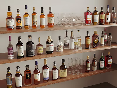 Organized Display Of Various Wine Bottles And Glasses On Wooden Shelves 3d model