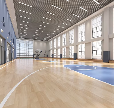 Spacious Basketball Gym With Wooden Flooring And Large Windows 3d model
