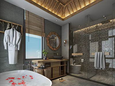 Hotel Bathroom With Wooden Ceiling Bathtub Flower Petals Round Mirror And Glass Shower 3d model
