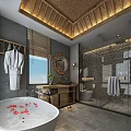 Hotel Bathroom With Wooden Ceiling Bathtub Flower Petals Round Mirror And Glass Shower