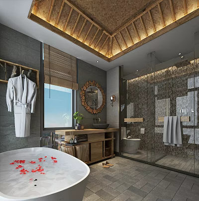 Hotel Bathroom With Wooden Ceiling Bathtub Flower Petals Round Mirror And Glass Shower 3d model
