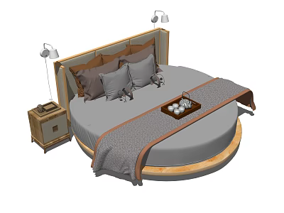 Round Bed Interior with Wooden Frame Brown Headboard Gray Bedspread Pillows Nightstands and Table Lamps 3d model