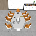Modern White Octagonal Conference Table With Orange Chairs Notebook And Documents In Office Meeting Room