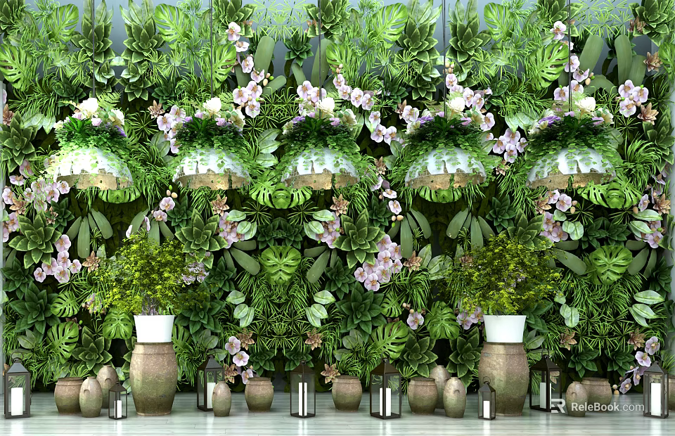 Lush Green Plant Wall with Purple Orchids Foliage Decorative Planters and Hanging Lamps Indoor Decor 3d model 