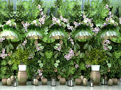 Lush Green Plant Wall with Purple Orchids Foliage Decorative Planters and Hanging Lamps Indoor Decor 3d model