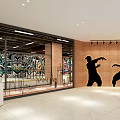 Modern Fitness Training Center Entrance With Gym Silhouette Reception Desk Brick Wall And Glass Doors