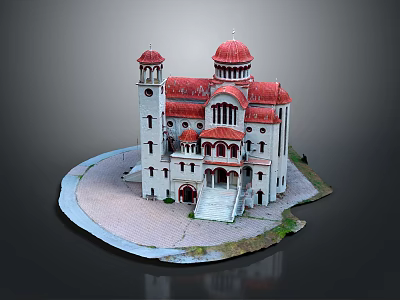 Cartoon Scene of White Building with Red Domes Tower Brick Paved Ground and Green Plants 3d model