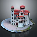 Cartoon Scene of White Building with Red Domes Tower Brick Paved Ground and Green Plants