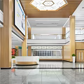 Modern Hospital Outpatient Clinic Lobby With Large Screen Reception Desk Green Plants And Wooden Decorations