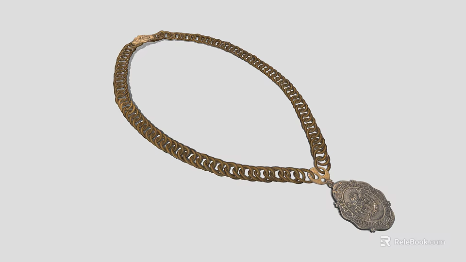 Elegant Gold Necklace with Chain Link Design and Oval Pendant Intricate Pattern 3d model