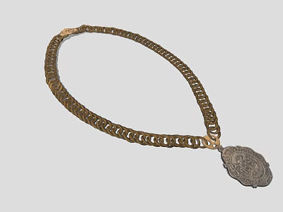 Elegant Gold Necklace with Chain Link Design and Oval Pendant Intricate Pattern 3d model