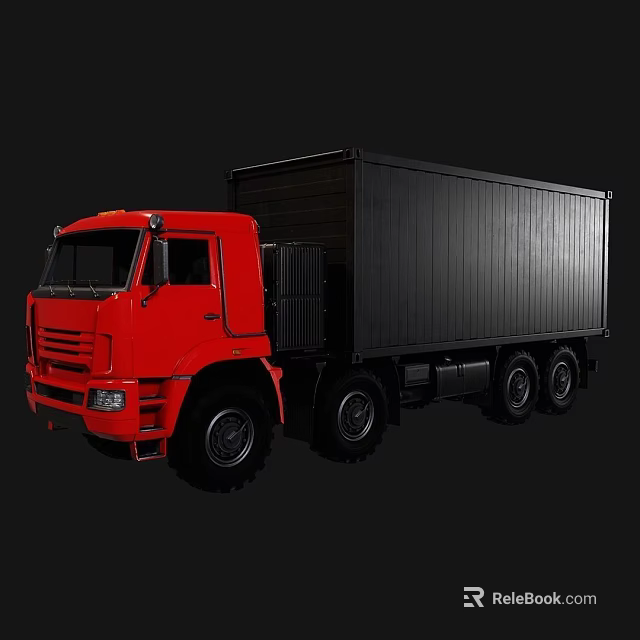 Red Heavy Duty Truck With Black Cargo Container And Multiple Wheels 3d model 