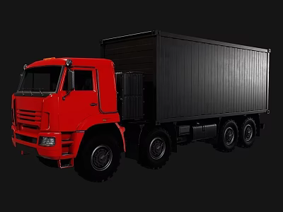 Red Heavy Duty Truck With Black Cargo Container And Multiple Wheels 3d model
