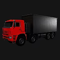 Red Heavy Duty Truck With Black Cargo Container And Multiple Wheels