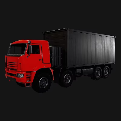 Red Heavy Duty Truck With Black Cargo Container And Multiple Wheels 3d model