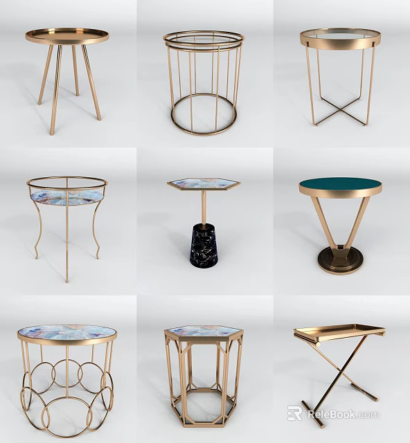 Stylish Round Accent Tables With Various Metal Frame Designs And Glass Tops 3d model 