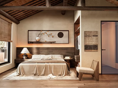 Traditional Chinese Hotel Guest Room With Wooden Ceiling Neutral Bedding Wooden Chair And Wall Art 3d model