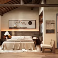 Traditional Chinese Hotel Guest Room With Wooden Ceiling Neutral Bedding Wooden Chair And Wall Art