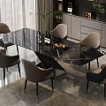 Black Marble Dining Table Set With Six Light Brown Dark Black Chairs In Contemporary Kitchen