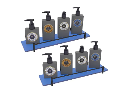 Cleaning Daily Necessities Display With Blue Racks And Multiple Pump Bottles 3d model