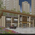 Modern High Rise Residential Building With Stone Exterior Landscaped Greenery And Outdoor Square