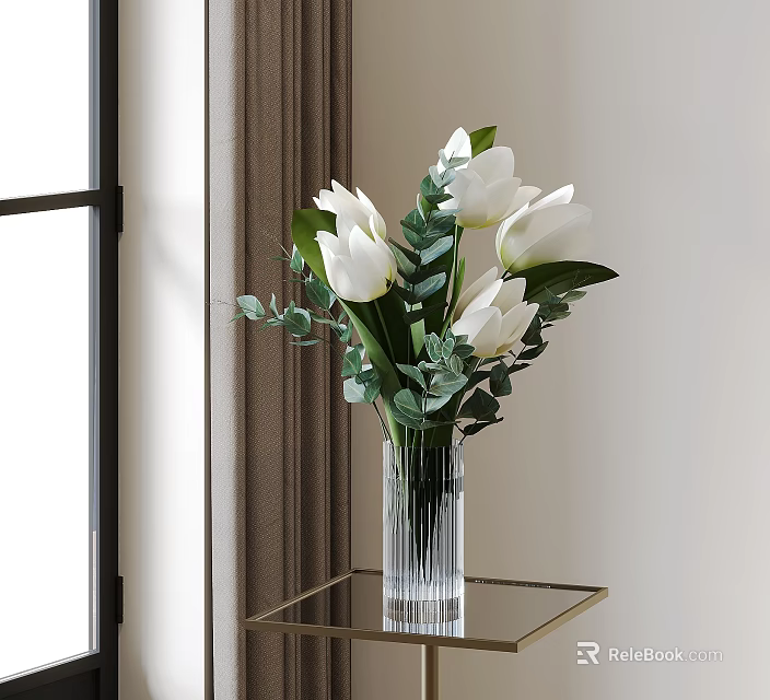 White Tulips And Eucalyptus Leaves In Transparent Striped Vase For Home Decor On Glass Table 3d model 